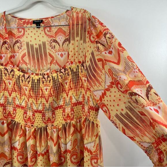Torrid Yellow Orange Tribal Smocked Ruffle Square Neck Sheer Sleeve Blouse 3X - Picture 6 of 14
